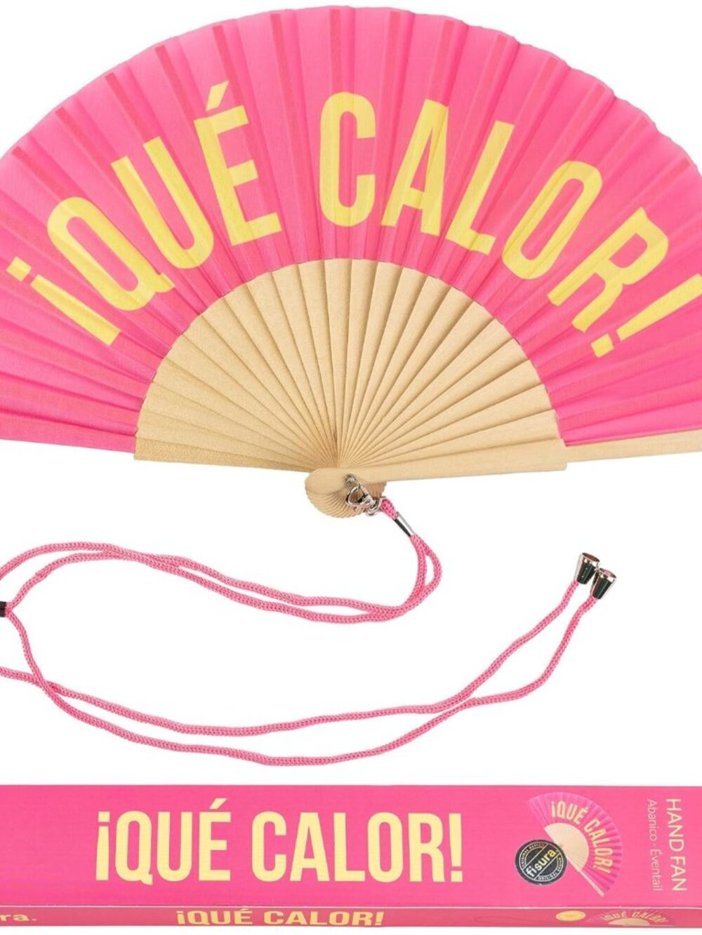 Original Pink Folding Fan with Message quΓ© calor, Wooden Handheld Fan for Women,